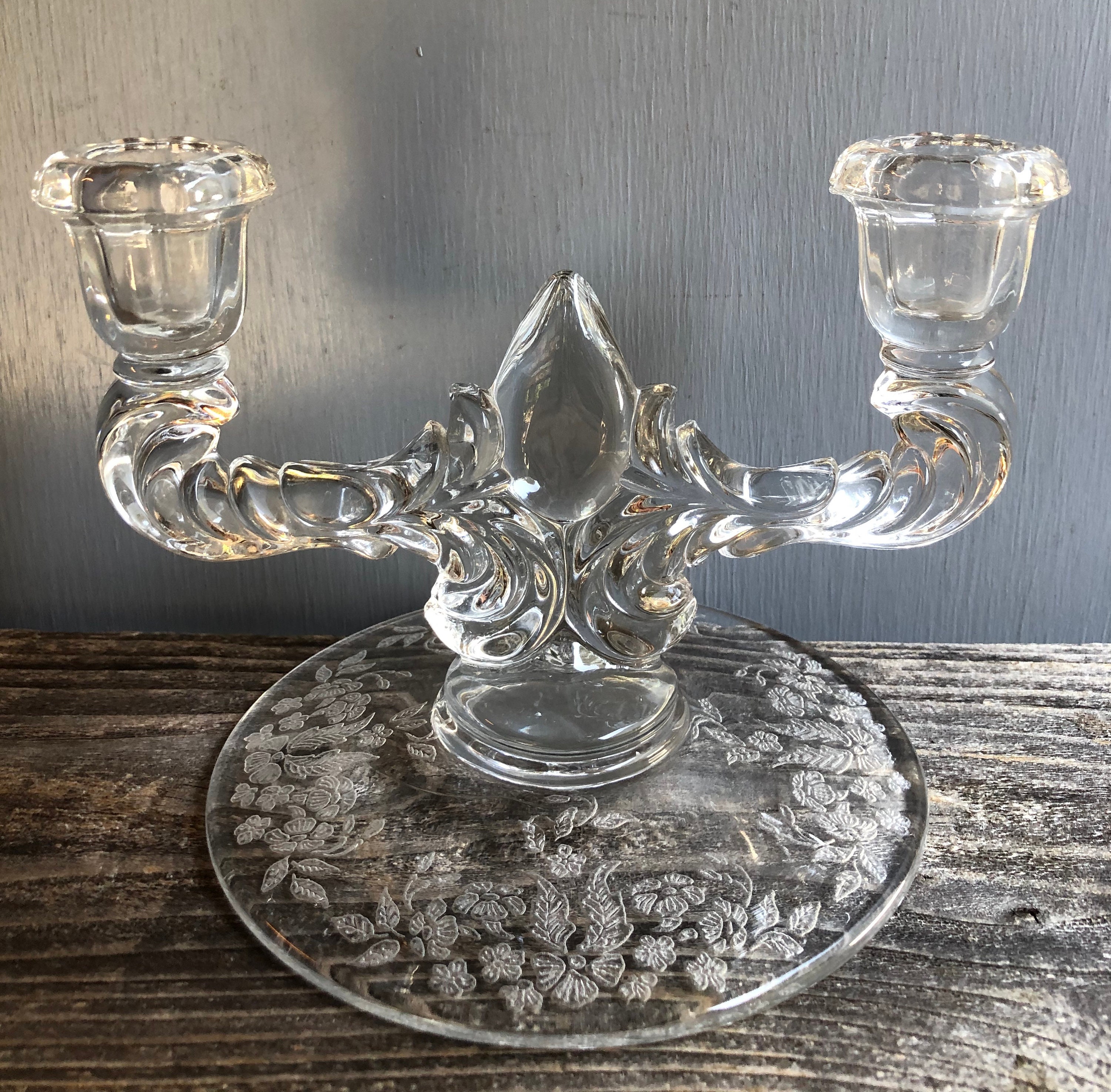 Vintage Heisey Glass Double Candlestick Holder Etched Base Etsy