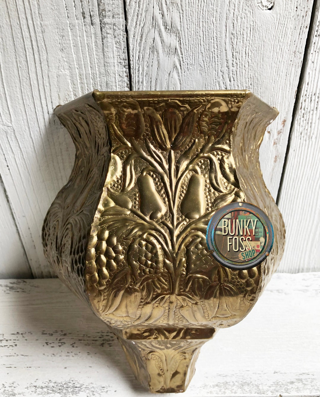 Vintage Brass Repousse Floral Wall Pocket Planter, Brass Wall Planter