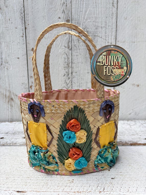 Vintage Nassau Girl Woven Straw & Embroidered Tote, Woven Straw Bag, Embroidered Straw Bag, Vintage Straw Tote, Vintage Handbag