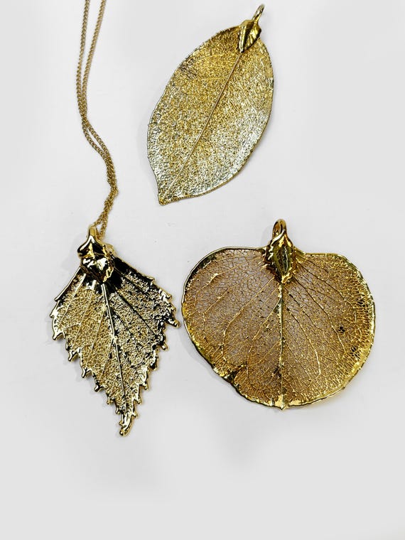 Vintage Gold Leaf Pendants & Brooch Set, Gold Dip… - image 3