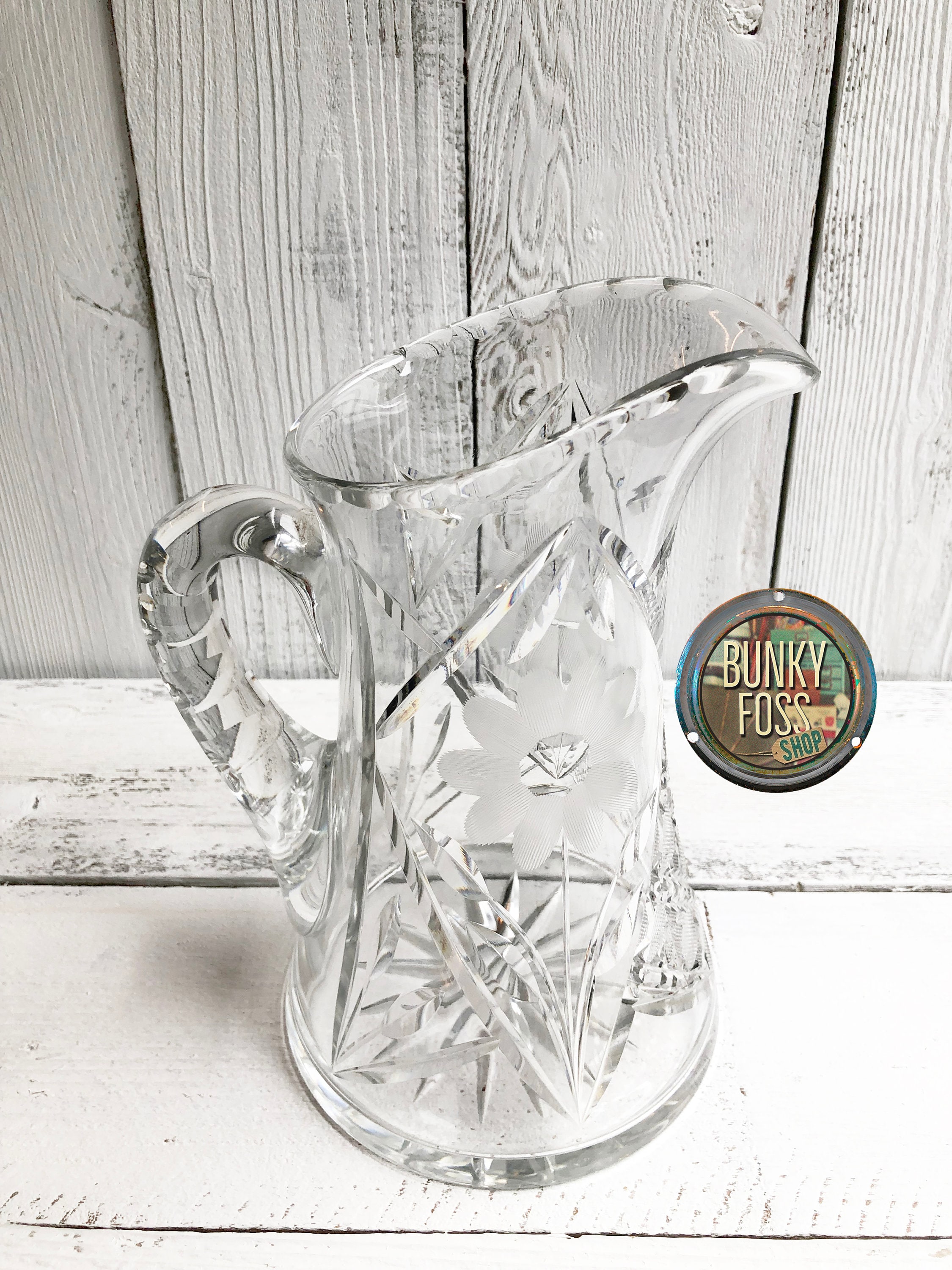 Antique American Brilliant Cut Crystal Pitcher, Floral Etched 