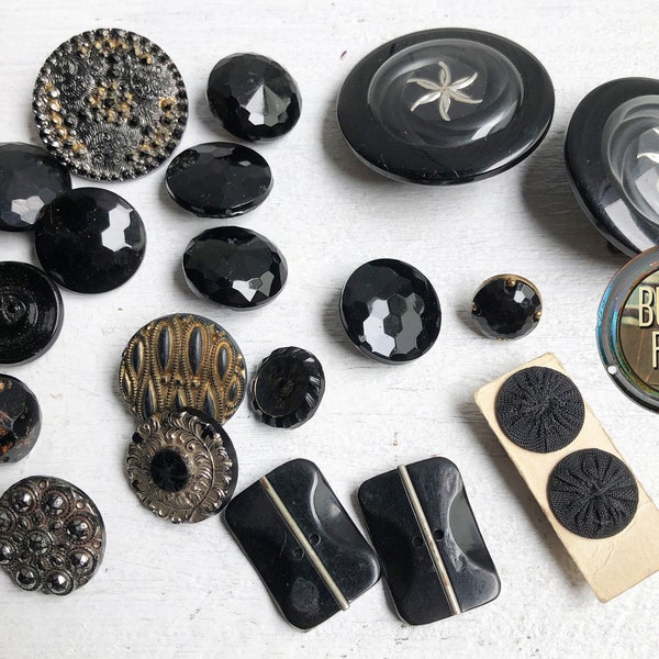 Vintage Black Buttons Mixed Lot, Czceh Glass Buttons Old Buttons,Black Buttons,Glass Buttons,Shank Buttons, Black Button Mix,Vintage Buttons