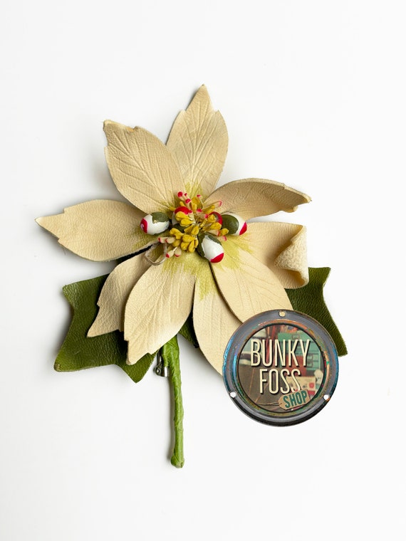 Vintage Handmade White Poinsettia Leather Brooch, 