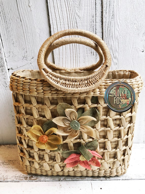 Vintage Woven Straw Tote Bag With Flowers, Vintage