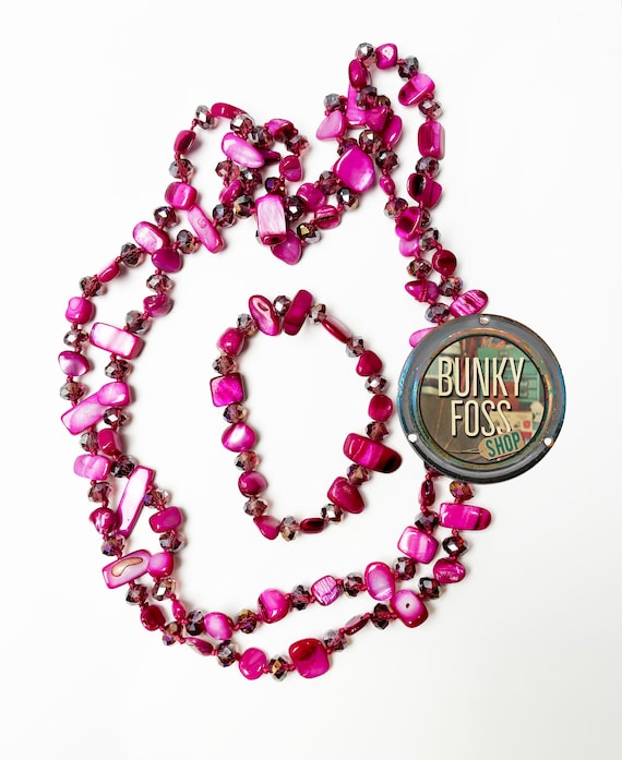 Vintage Pink Dyed Shell and Glass Necklace & Brace