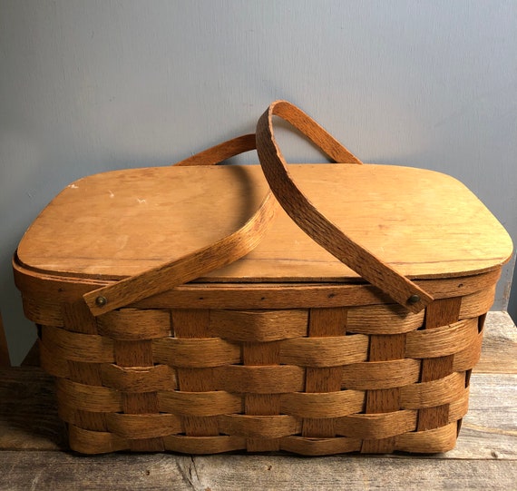 Antique Slat Wood Picnic Basket,Wooden Basket,Slat