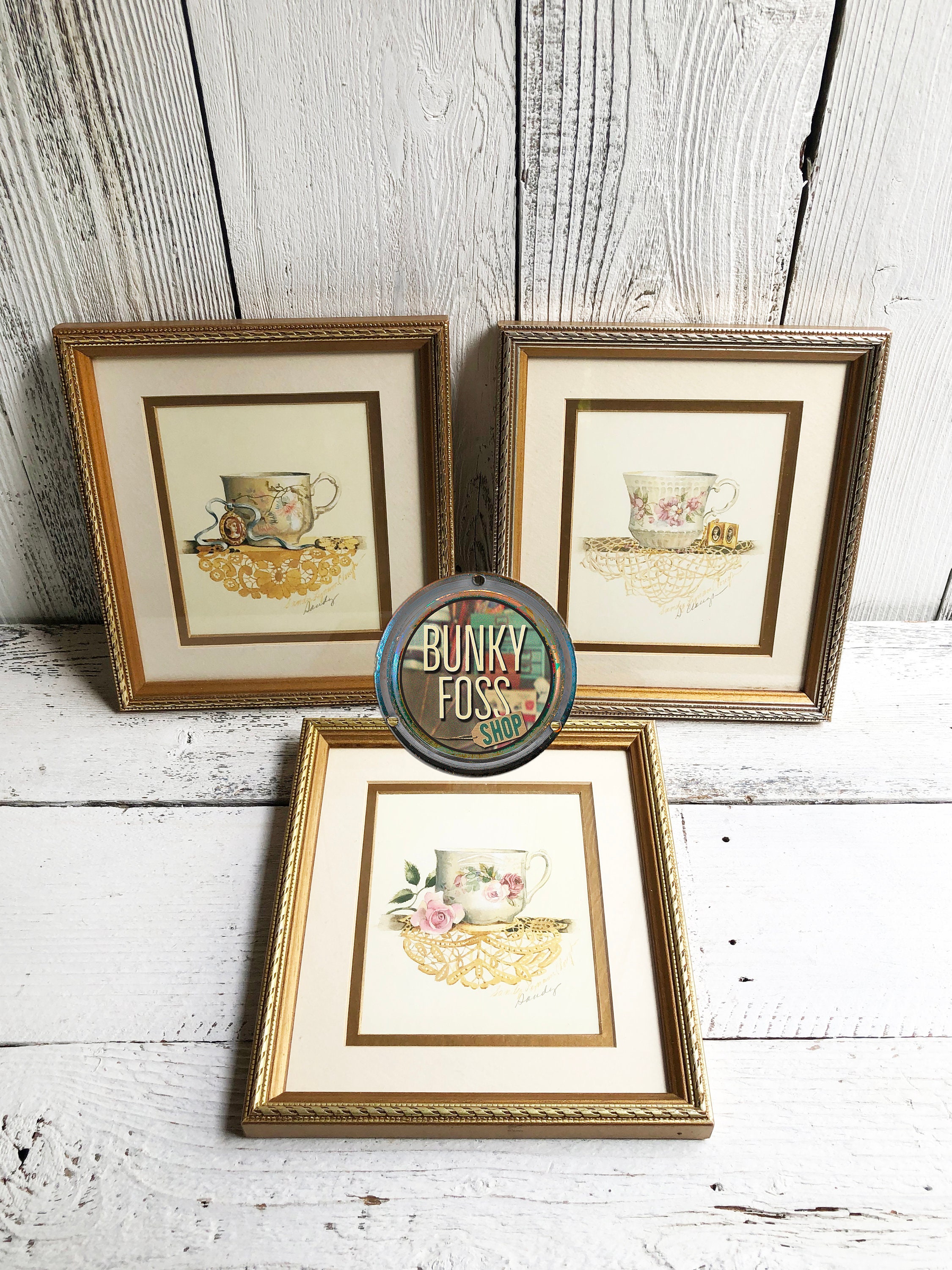 Vintage Sandy Lynam Clough Signed Tea Cup Prints, Set of 3, Framed