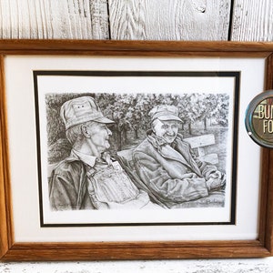 Vintage Signed Harold Bluestein Pencil Graphite Lithograph &quot;Remember&quot; Framed Print, Harold Bluestein,Wall Art,Two Old Men On Bench, Print