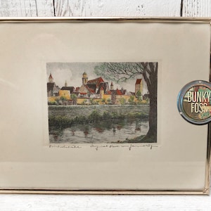 Vintage Signed Ernst Geissendorfer Etching In Frame,Original,Hand Colored Etching,Dinkelsbühl Germany, Ernst Geissendorfer, Vintage Etching