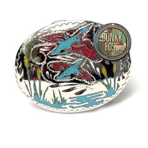 Vintage Silver Plated Etched and Inlaid Turquoise & Coral Flying Ducks Belt Buckle,Belt Buckle, Inlay Belt Buckle, Turquoise and Coral Inlay