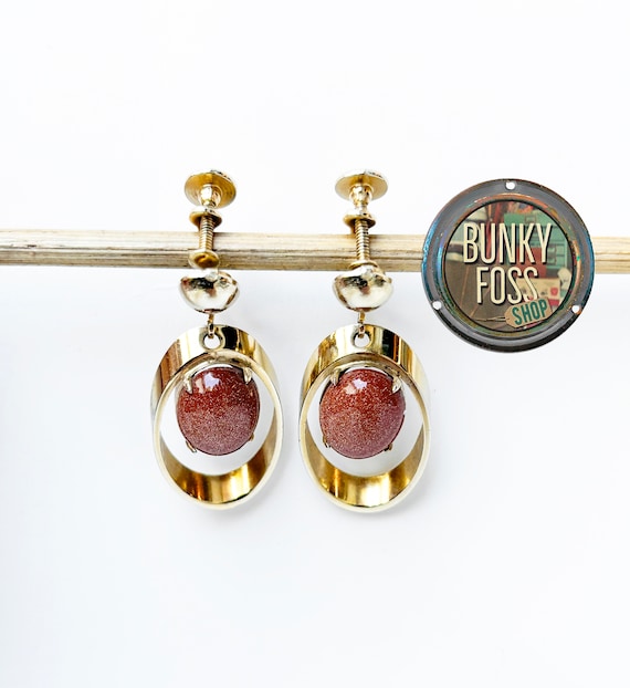 Vintage Goldstone Dangle Screw Back Earrings, Gold