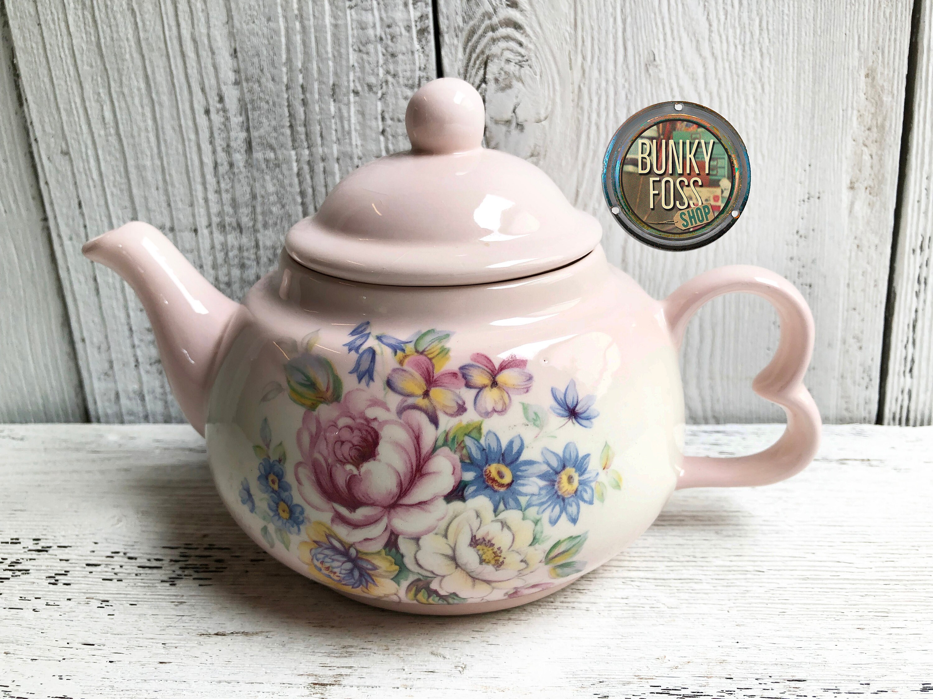 RARE! Vintage Bisque Porcelain Pink Teapot with Heart Shaped Handle,Pink Floral Teapot,Heart Shaped Handle Teapot,Heart Handle Teapot,1950's