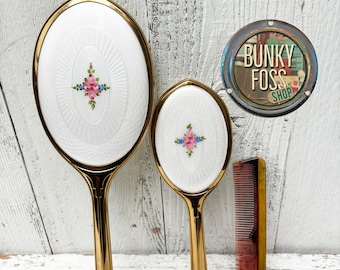 RARE! Antique French Guilloche Hand Mirror & Brush Set,Guilloche Hand Mirror,Antique Hand Mirror, Antique Brush,White and Floral,Vanity Set