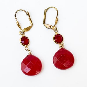 Vintage Faceted Red Jade & Red CZ Lever Back Earrings,Red Jade Earrings,Lever Back,Red Jade Drop Earrings, Red Jade Dangle Earrings,Red Jade