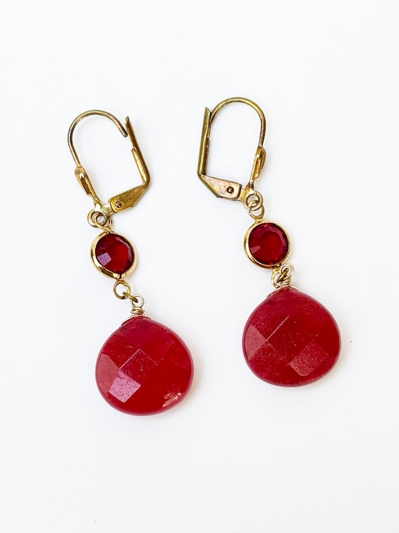 Vintage Faceted Red Jade & Red CZ Lever Back Earri