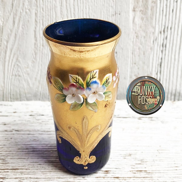 Vintage Czech Bohemia Cobalt & Gold Floral Mini Glass Vase, Cobalt Glass Vase, Vintage Bohemia Mini Vase, Blue and Gold, Small Vase, Bohemia