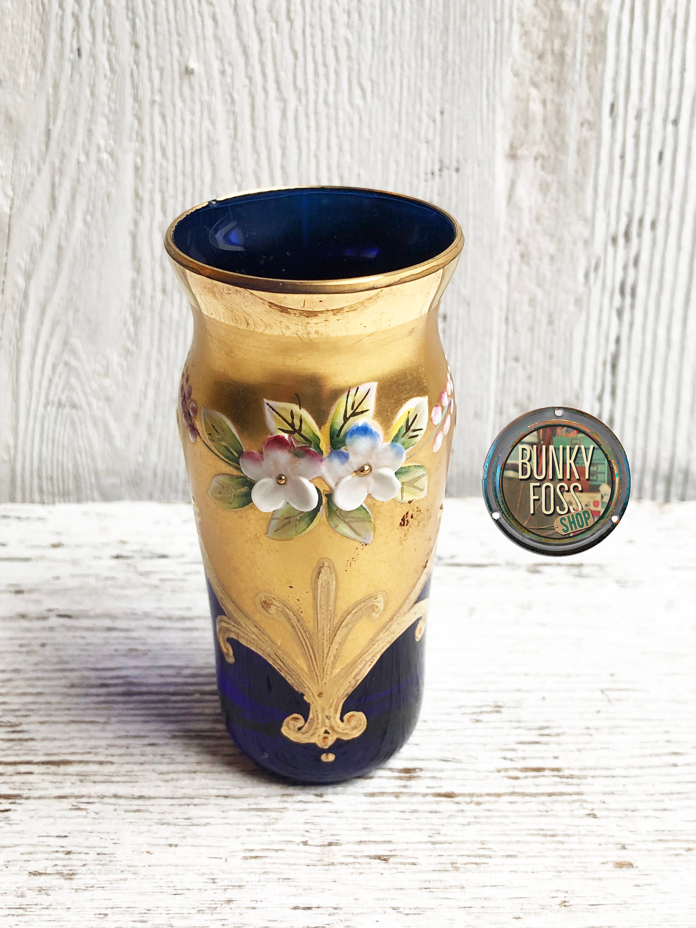 Bohemia Czech Republic Cobalt Blue Glass Vase ~ White Water
