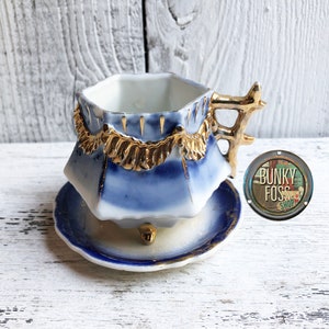 Antique Blue & Gold Porcelain French Demitasse Cup, Antique Coffee Cup, Antique French Cup, Blue and White, Gold Handled Cup, Demitasse Cup