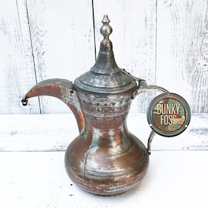 Antique Middle Eastern Copper Over Brass Dallah Coffee Pot,Copper Over Brass Dallah, Dallah Coffee Pot,Dallah, Made in Lebanon,Copper Dallah