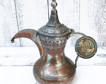 Antique Middle Eastern Copper Over Brass Dallah Coffee Pot,Copper Over Brass Dallah, Dallah Coffee Pot,Dallah, Made in Lebanon,Copper Dallah