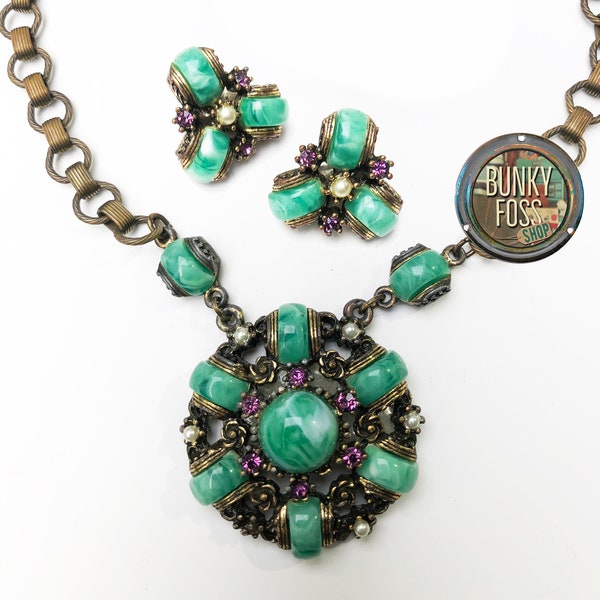 Vintage Unsigned Selro Green and Amethyst Necklace Set, Vintage Selro Necklace,Selro Costume Jewelry, Green Copper Purple, Vintage Pendant