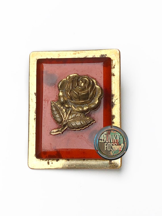 Antique Deco Large Square Red/Orange Brass Rose B… - image 1