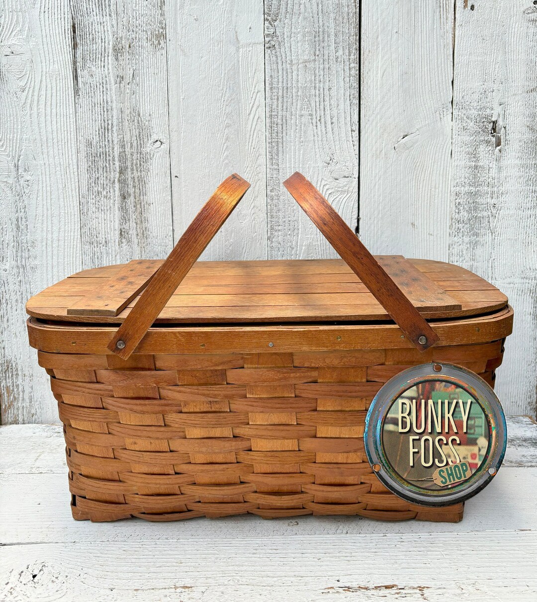Antique Splint Wood Handled Picnic Basket With Wooden Insert, Wooden ...