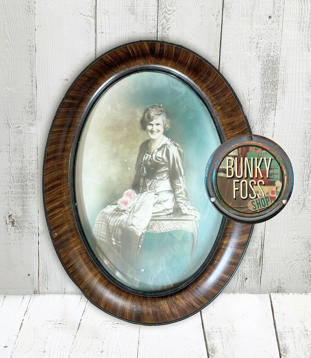 Antique Large Convex Bubble Glass Frame, Tiger Stripe,old Picture