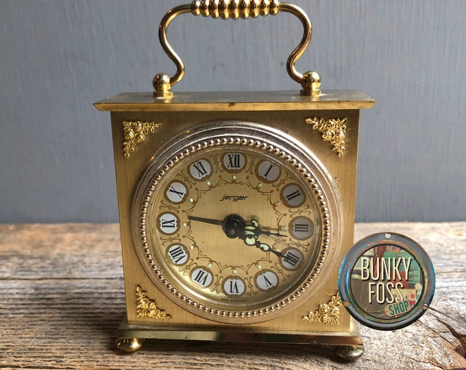 RARE Vintage Jerger German Brass Carriage Alarm Clock, Made in Germany