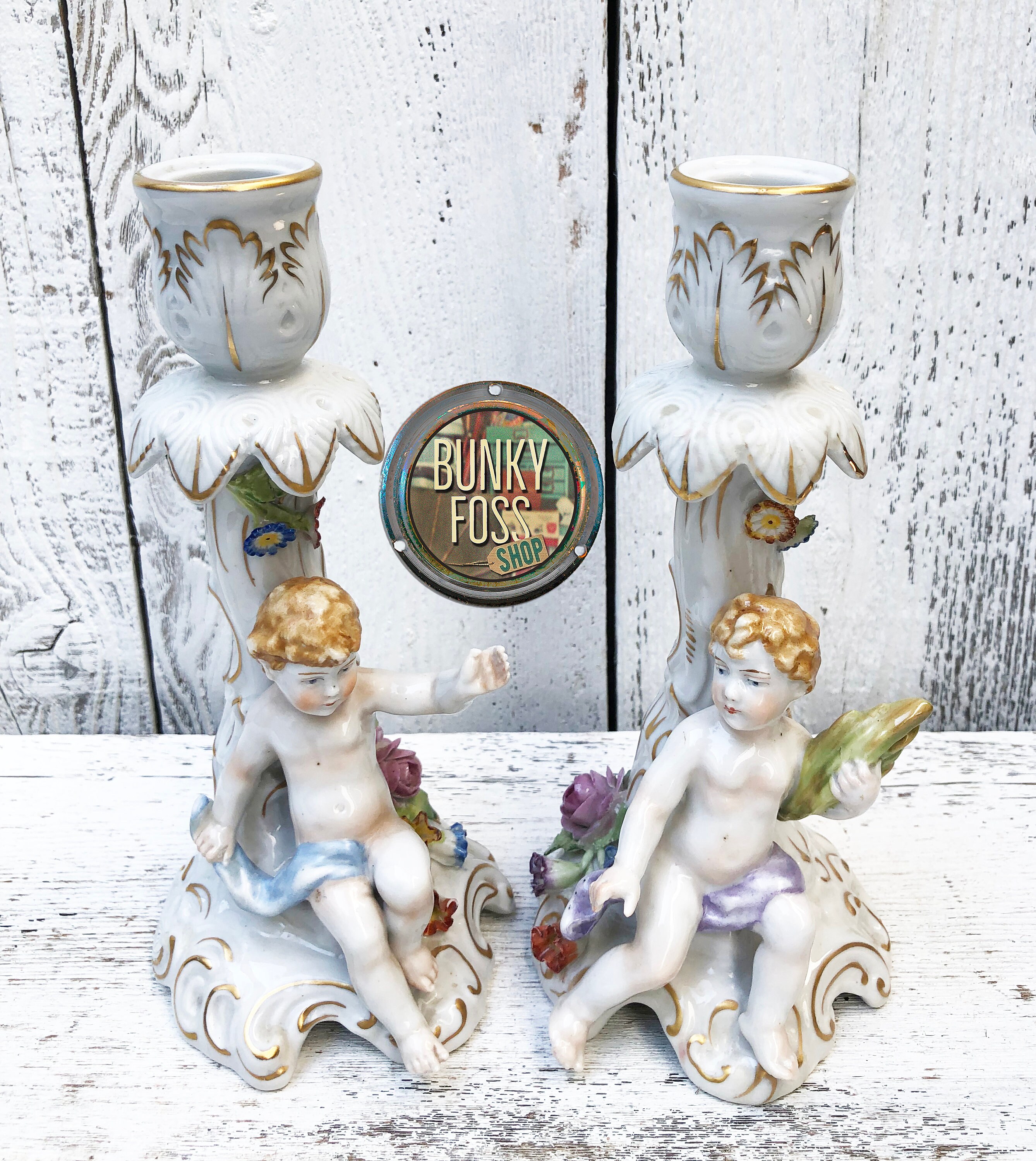 Antique German Von Schierholz Porcelain Cherub Candlesticks 