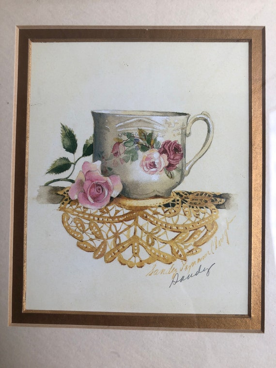 Vintage Sandy Lynam Clough Signed Tea Cup Prints, Set of 3, Framed