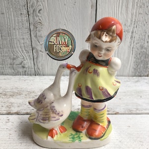 Vintage Girl & Geese Porcelain Figurine, Old Figurine, Girl and Geese Figurine, Collectible Figurine, Girl and Geese, Made in Japan, 1940&#39;s