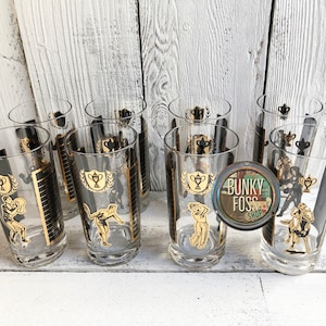 Vintage Cera Sport Championship High Ball Glasses, MCM Glasses,Barware Glasses,Highball Glasses,Sporting Glasses,USA, Black and Gold, 1950&#39;s