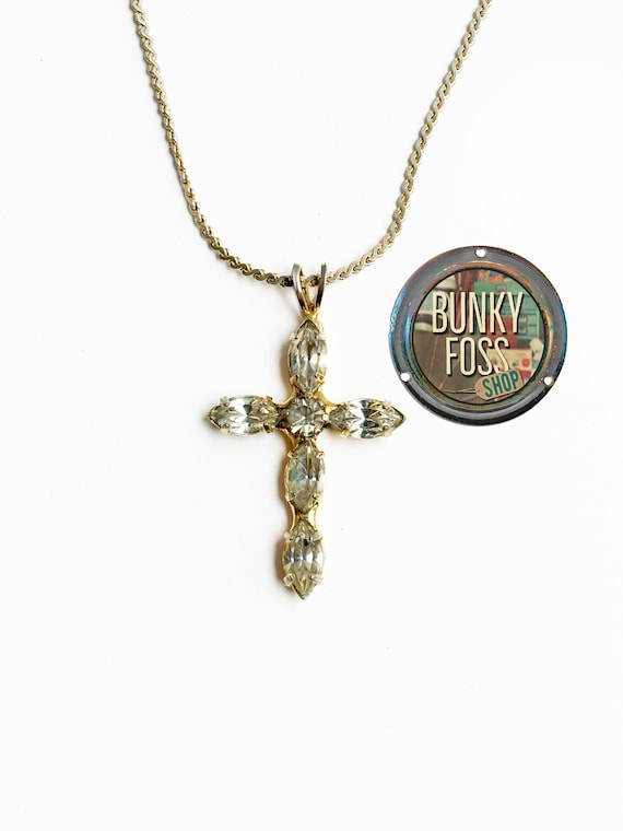 Vintage CZ and Gold Toned Cross Pendant Necklace,… - image 1