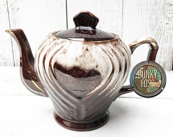 Mid Century Brown, Gold & White Drip Glazed Teapot, Brown and White Drip Glaze Teapot, Drip Glaze Teapot, Mid Century Teapot, Teapot, 1950's