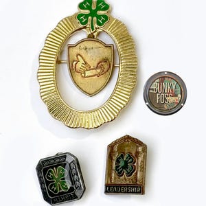 May include: Three vintage 4-H pins. The first pin is gold with a green clover and a shield with a hand and scroll. The second pin is black with a green clover. The third pin is brown with a green clover and the word "LEADERSHIP" printed below.