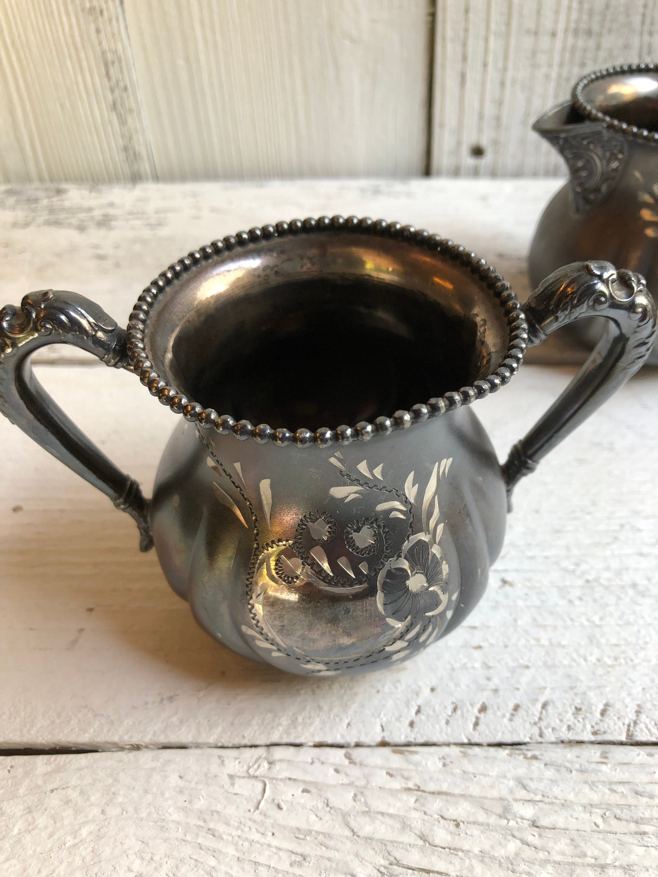 Antique Etched Silverplate Tea Set, New Amsterdam Quadruplate