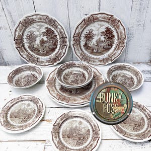 Vintage J and G Meakin Americana Brown Transferware Set, Made in England, Meakin, Americana, Plates, Bowls, Salad Plates, Transferware Set