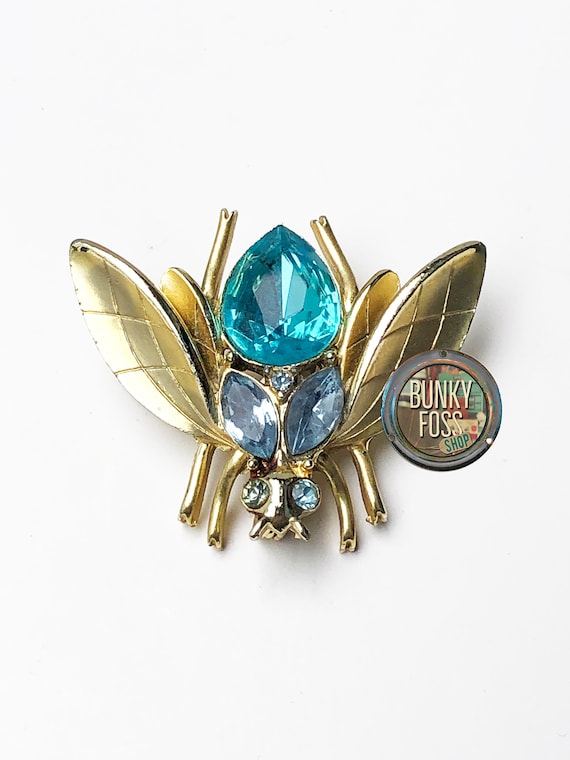 Vintage Gold Fly & Blue Stones Brooch, Vintage Fly