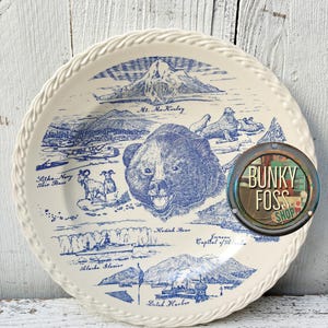 Vintage Westco Kilns Alaska State Blue & White Souvenir Plate,Alaska State Plate,Vintage Transferware Plate,Souvenir Plate,Alaska Bear Plate