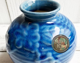 Vintage Vietnamese Hand Drip Glazed Blue Floral Ceramic Vase,Blue Pottery Vase,Vietnam Pottery,Blue Floral Pottery Vase,Vintage Vase,Vase