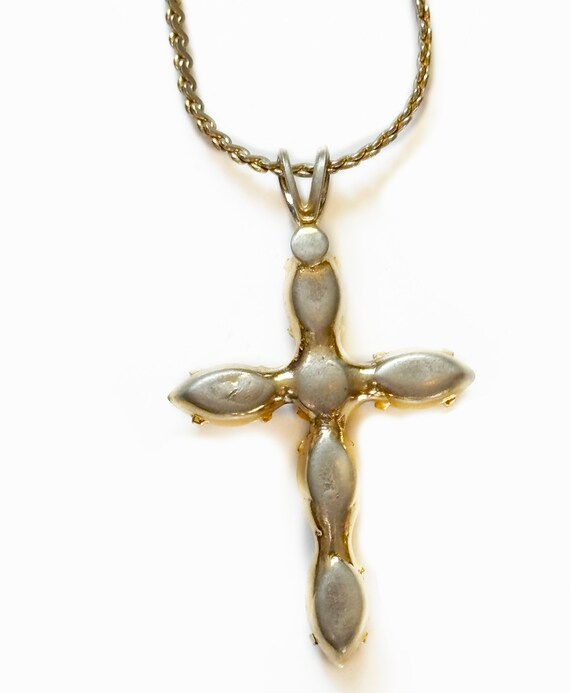 Vintage CZ and Gold Toned Cross Pendant Necklace,… - image 3