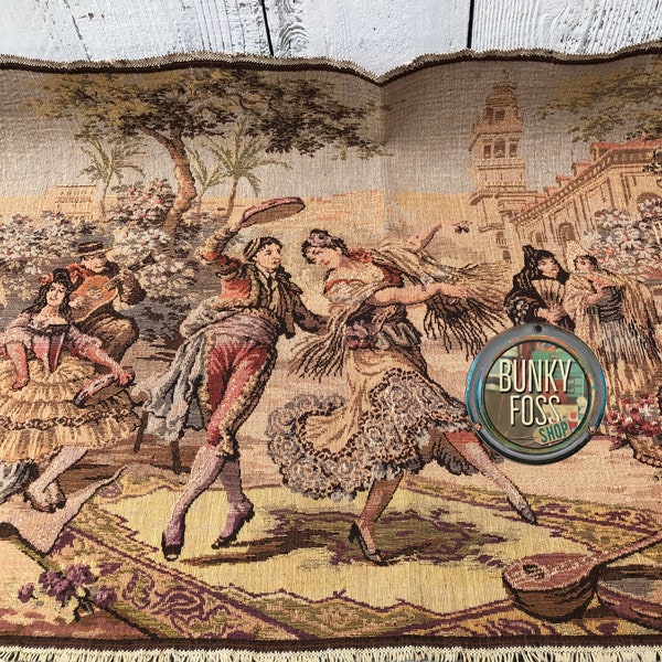 Vintage Spanish Street Scene Belgian Tapestry, Full Size Tapestry, Vintage Belgian Tapsetry,Vintage Tapestry, Spanish Dancers,53 x 19 inches