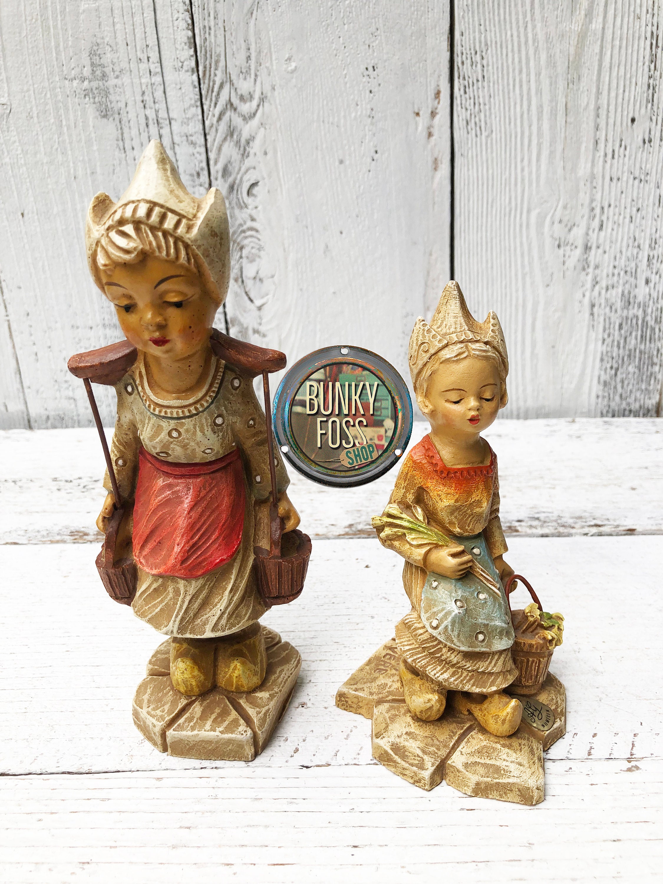 Antique Vintage Hand Bells Dutch Boy and Girl Couple Figurine Pair Set