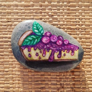 Hand Painted Natural Beach Pebble, Cheesecake slice ,Miniature Painting, Original Artwork, Hand Painted Rock