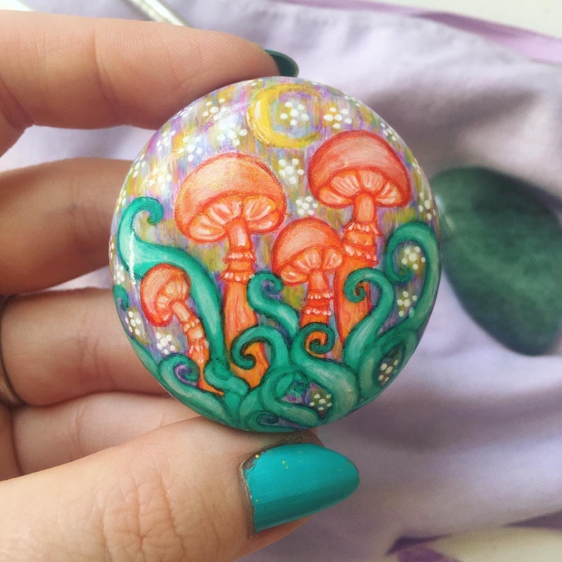 Hand Painted Beach Stone Miniature Purple Mushrooms Painting image 0