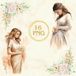 Pacote de clipart de mulher grávida, clipart de gravidez, clipart de mamãe, PNG de maternidade, cores bege, pacote PNG, nova mãe, transparente