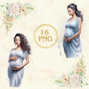 Lot de 30 cliparts femme enceinte, clipart grossesse, future maman, maternité, PNG Bundle, nouvelle maman, transparent, thème bleu clair, aquarelle