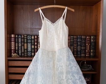 1950’s Lace & Satin Fit and Flare Wedding Gown with Blue Tulle Underlay, Sweetheart neckline