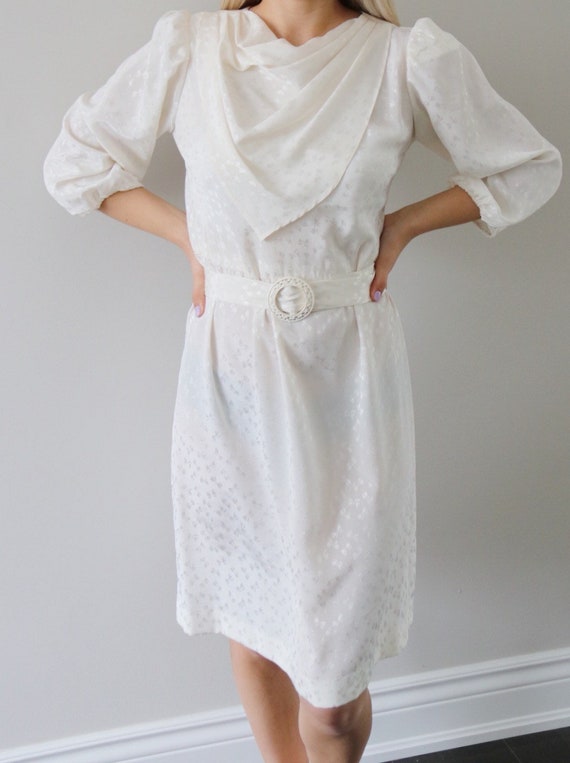60’s / 70’s White Day Dress with Subtle Ribbon Pat